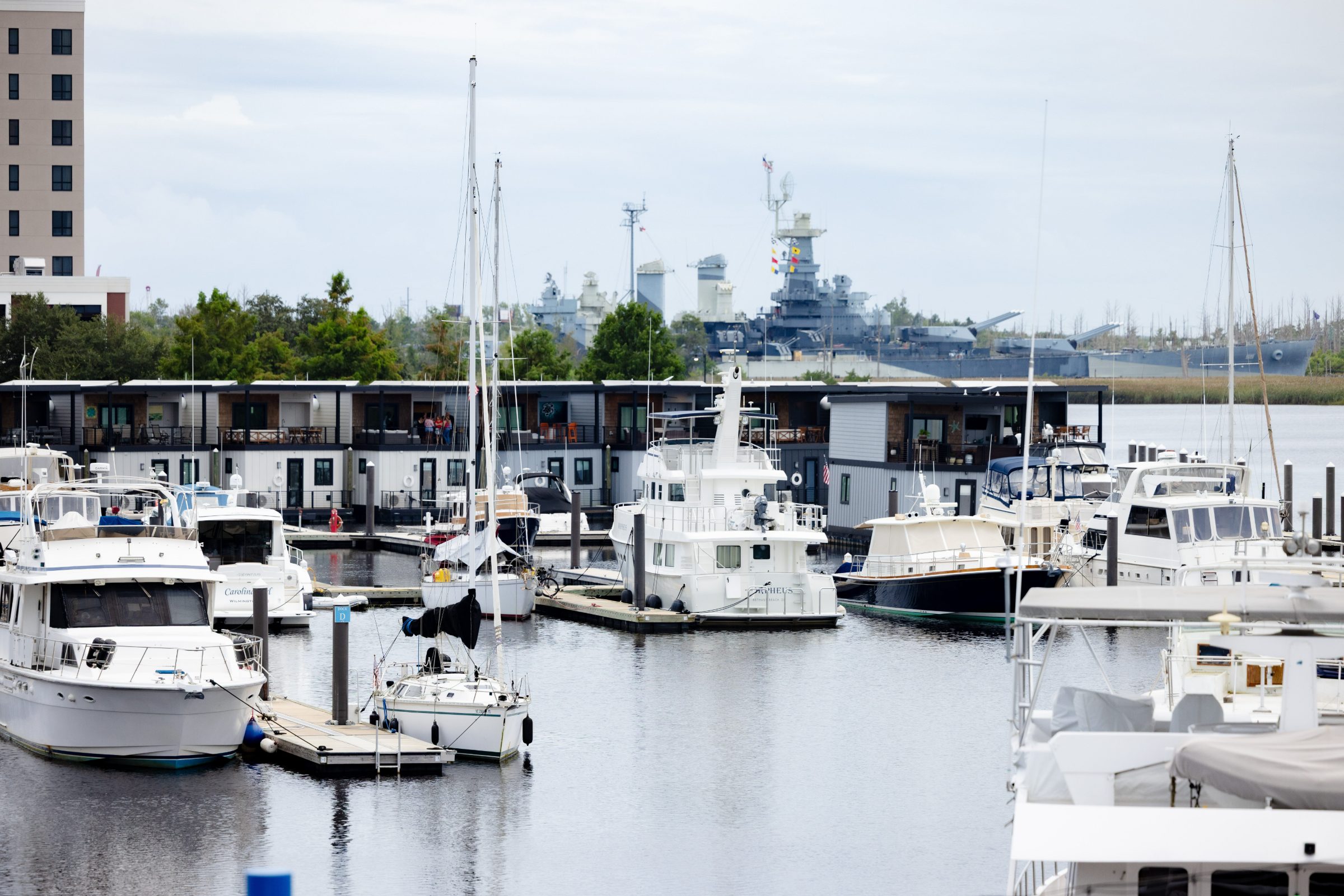 Yacht berthed at Port City Marina, downtown Wilmington