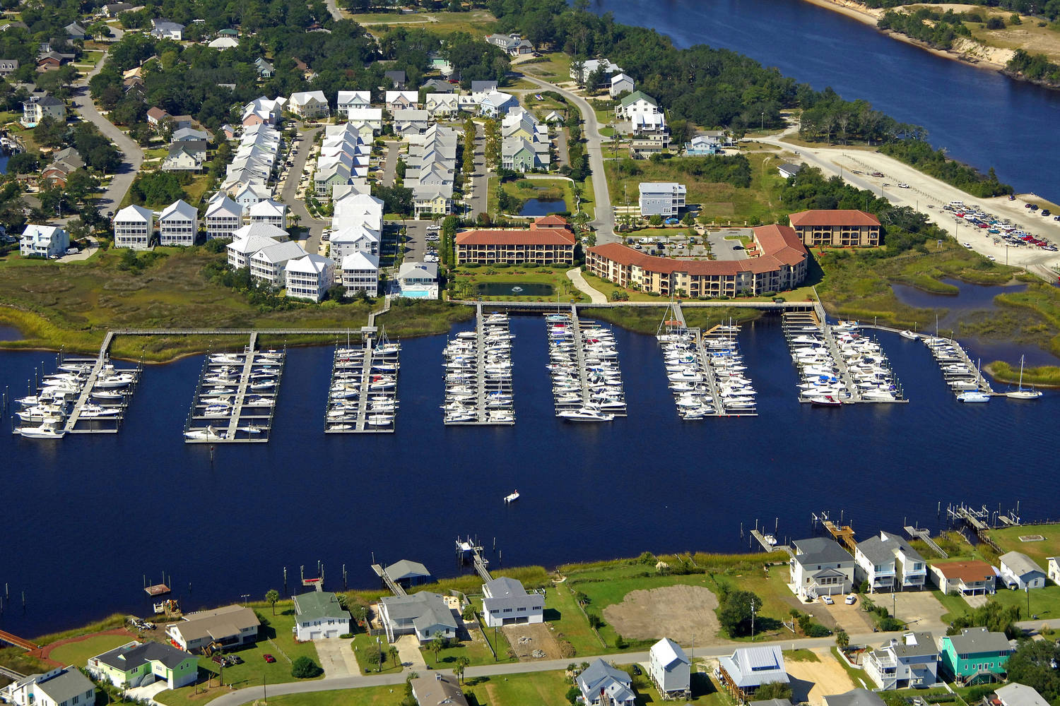 Waterfronte Villas & Yacht Club marina from the air, Carolina Beach